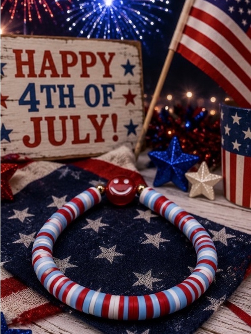 4th of July Red, White & Blue Smiley Face Bracelet